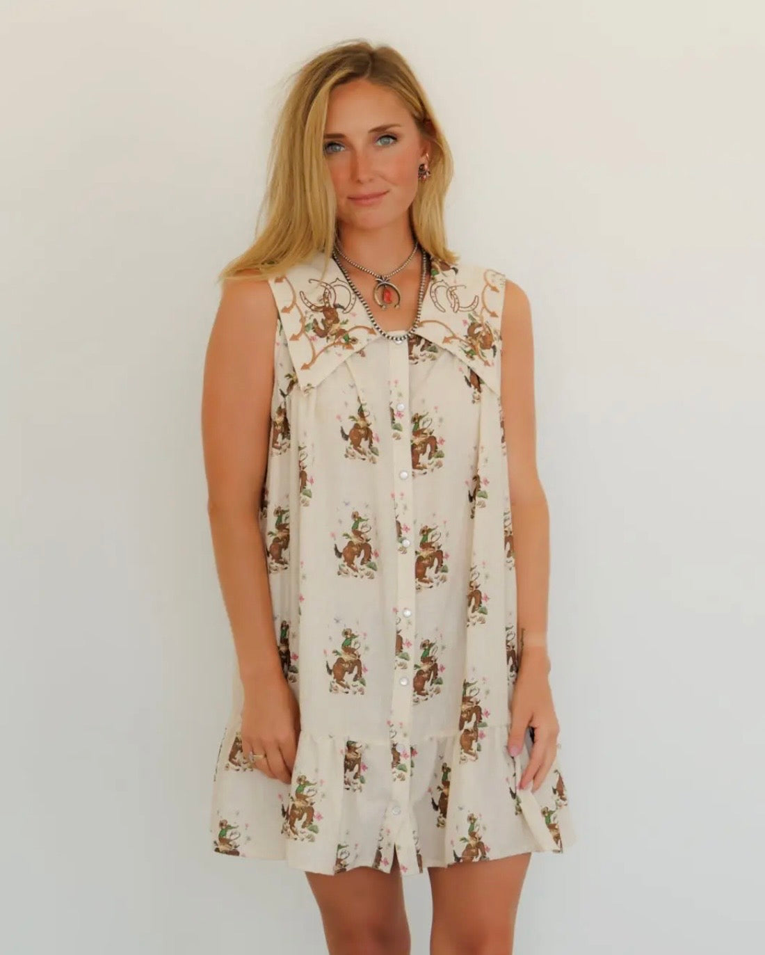 embroidered western dress Womens Retro ~ LongHorn Roses a shirt collar with a button placket The Embroidered Cowboy Print Dress