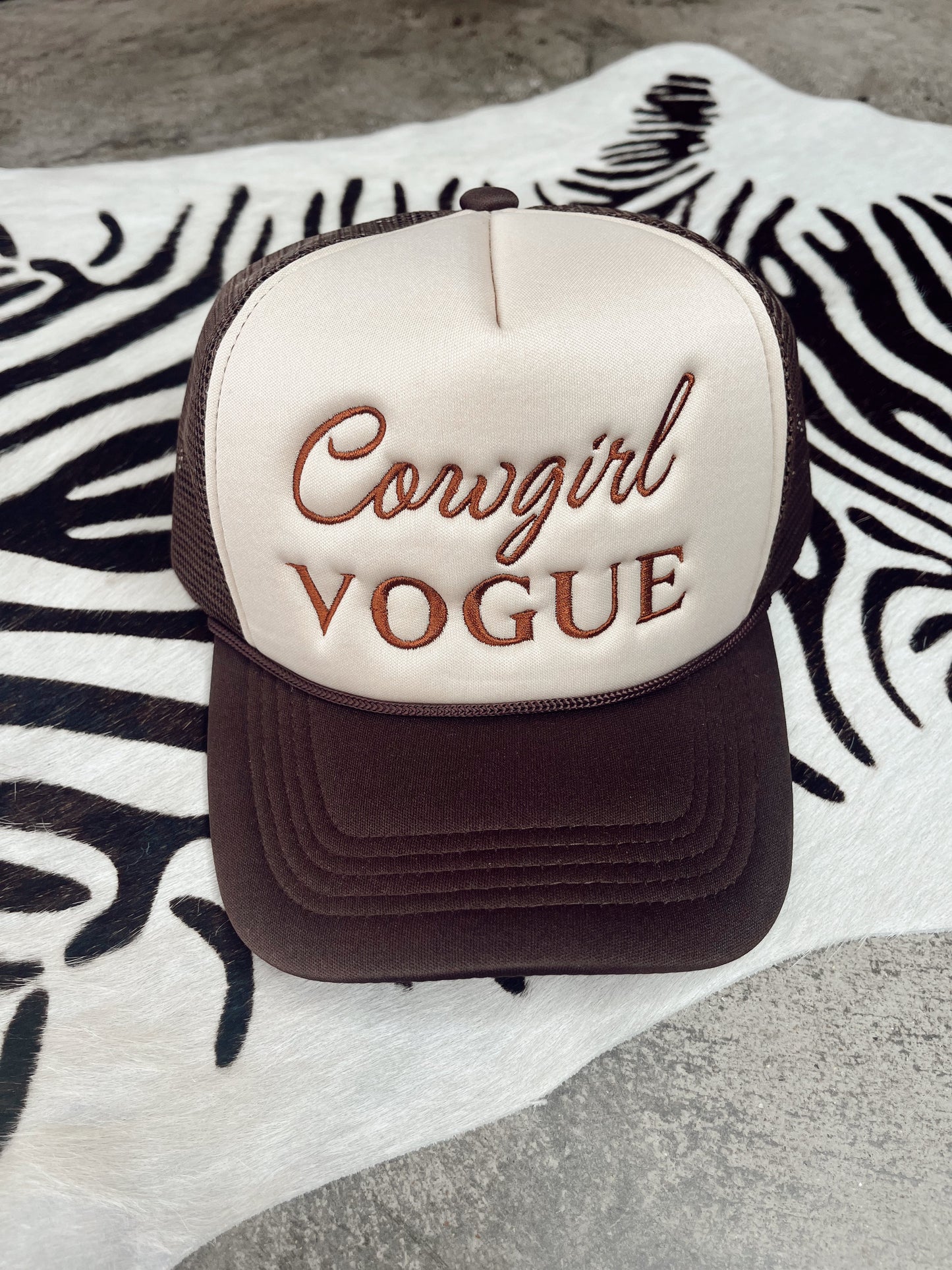 The Cowgirl Vogue Trucker Hat in Brown