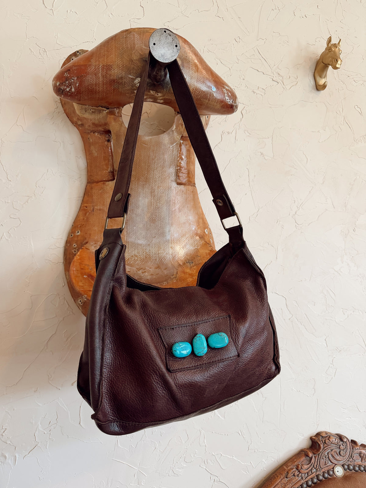 The Chocolate Brown with Turquoise Stones Two Bar West Bag