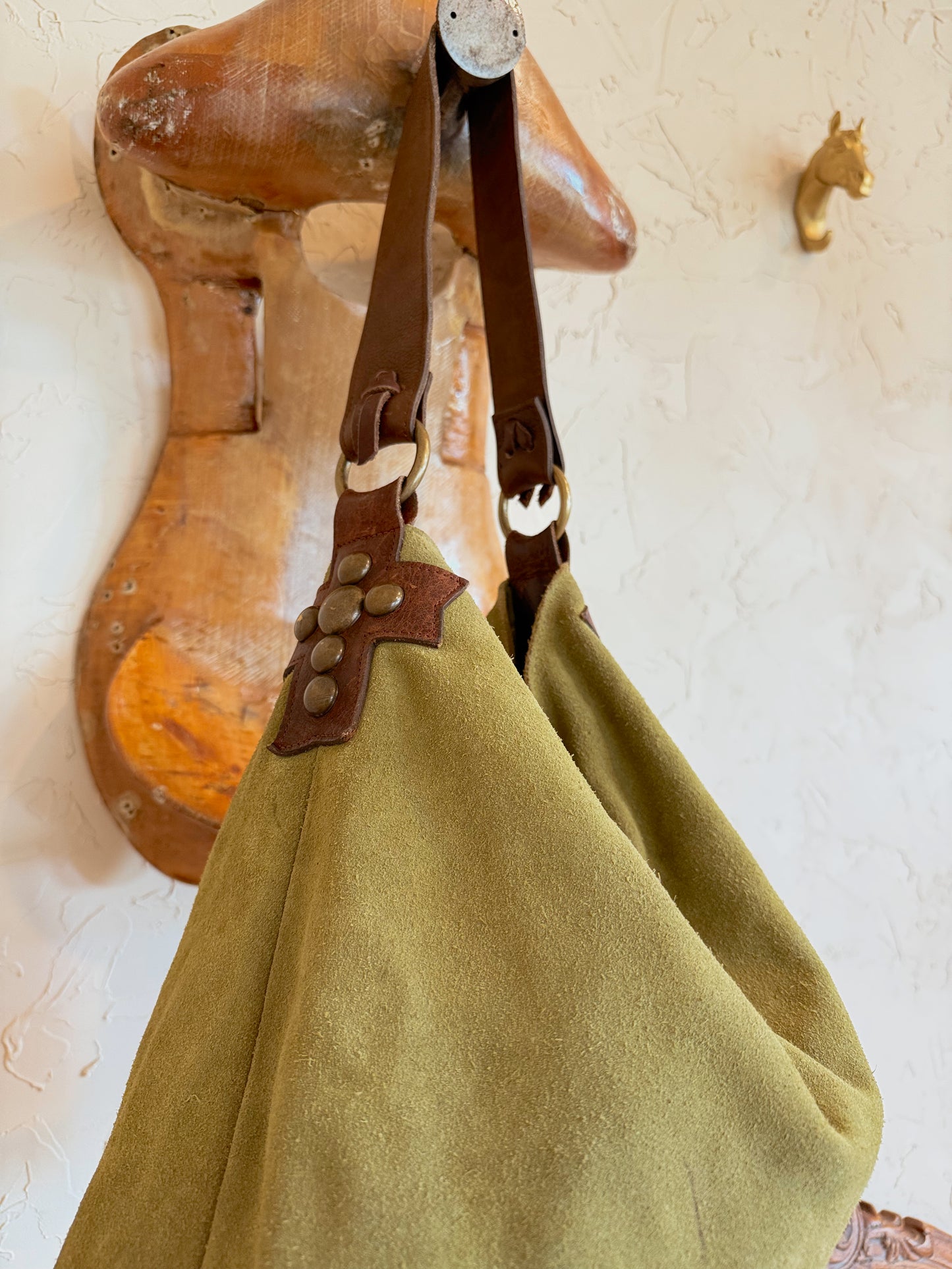 The Sage Green with Cross Studs Two Bar West Hobo Bag