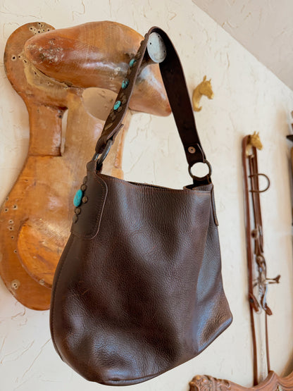 The Chocolate Brown with Turquoise Stones Two Bar West Bag