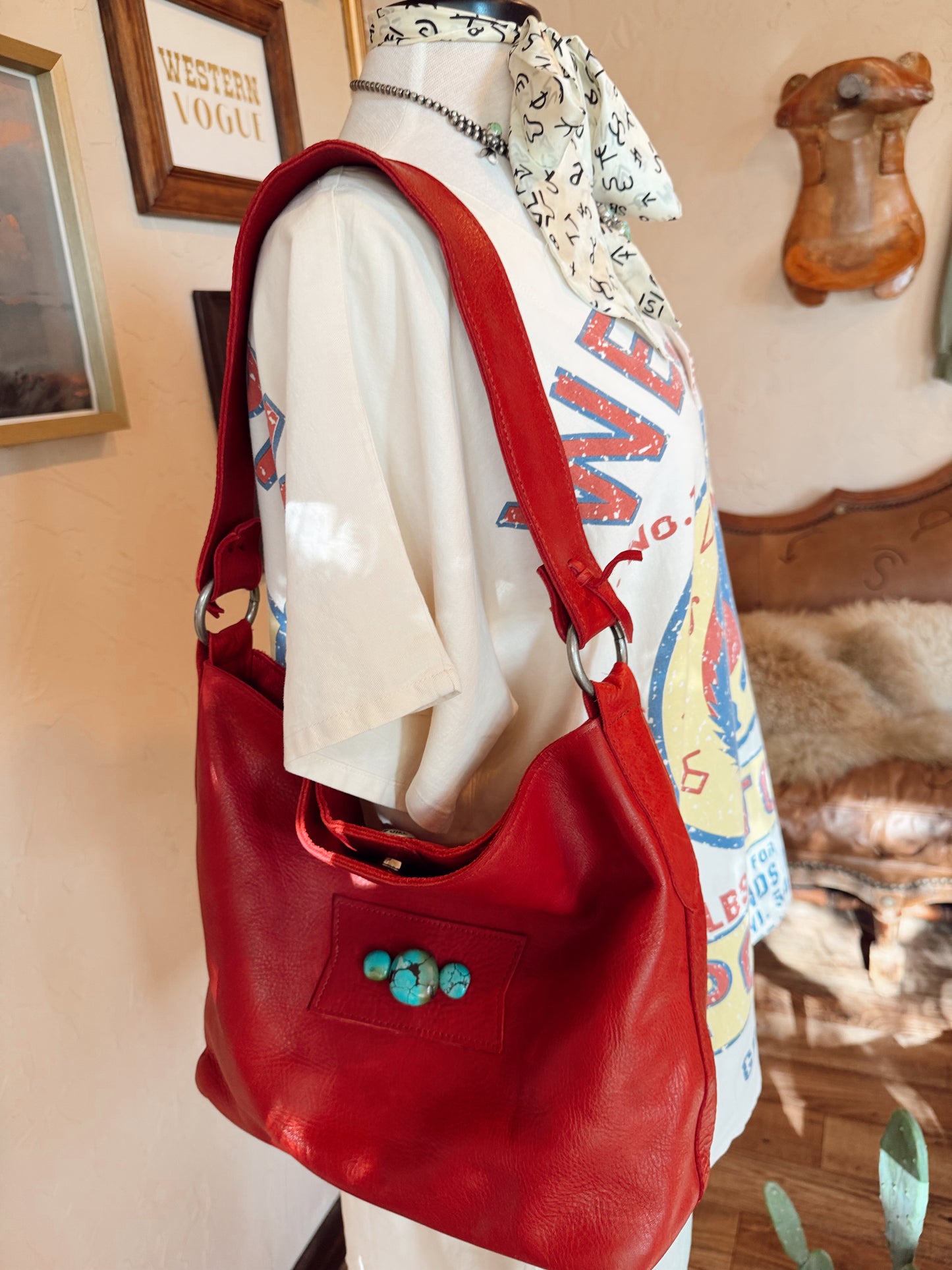 The Cherry Red with Turquoise Two Bar West Purse