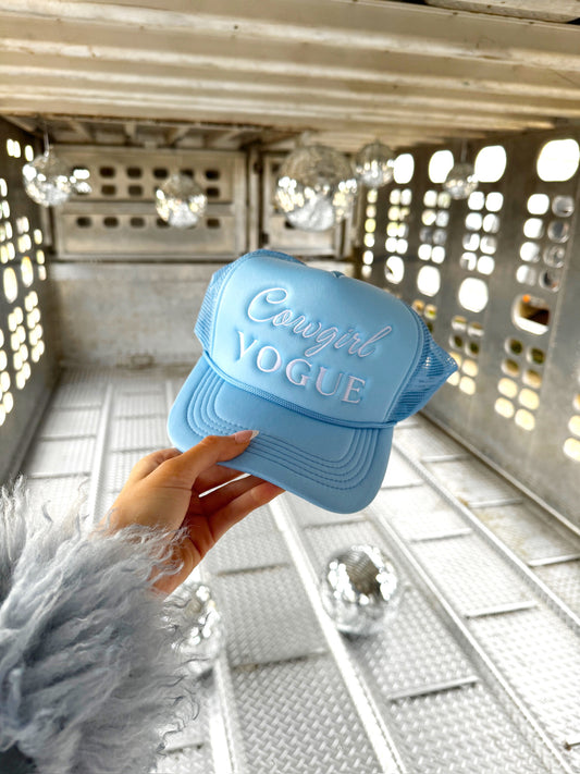 The Cowgirl Vogue Trucker Hat in Blue