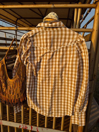 The Tan Gingham Pearl Snap Top
