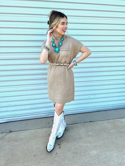 The Swisher Sweater Dress in Tan