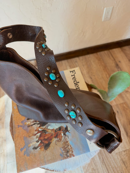 The Chocolate Brown with Turquoise Stones Two Bar West Bag