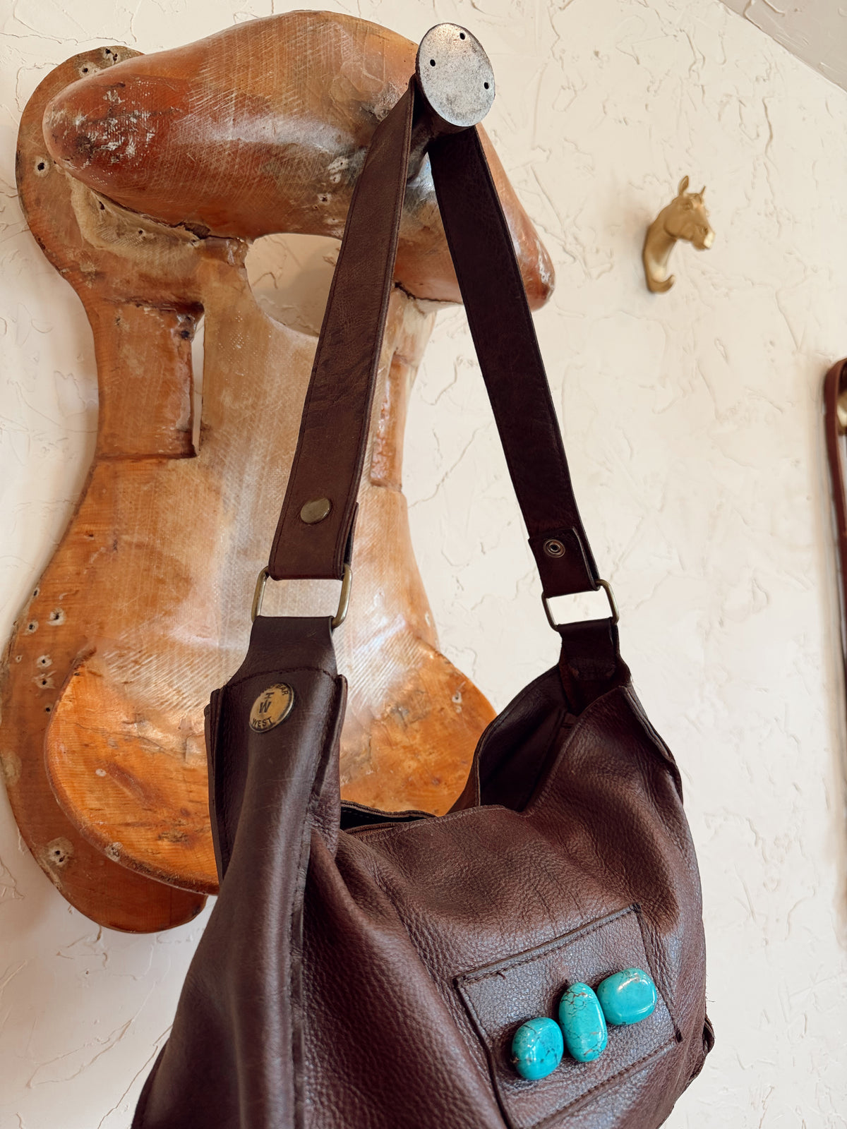 The Chocolate Brown with Turquoise Stones Two Bar West Bag
