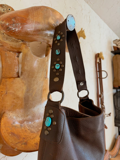 The Chocolate Brown with Turquoise Stones Two Bar West Bag