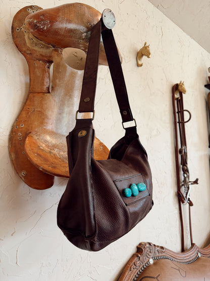 The Chocolate Brown with Turquoise Stones Two Bar West Bag
