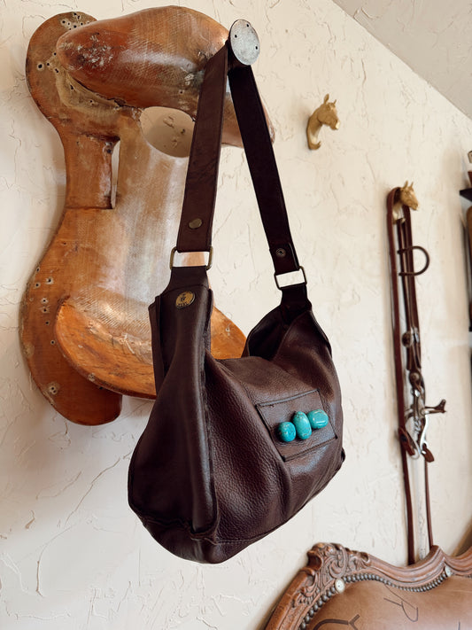 The Chocolate Brown with Turquoise Stones Two Bar West Bag