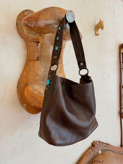 The Chocolate Brown with Turquoise Stones Two Bar West Bag