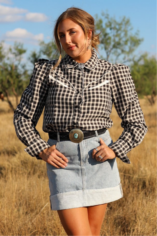The Black Gingham Pearl Snap Top