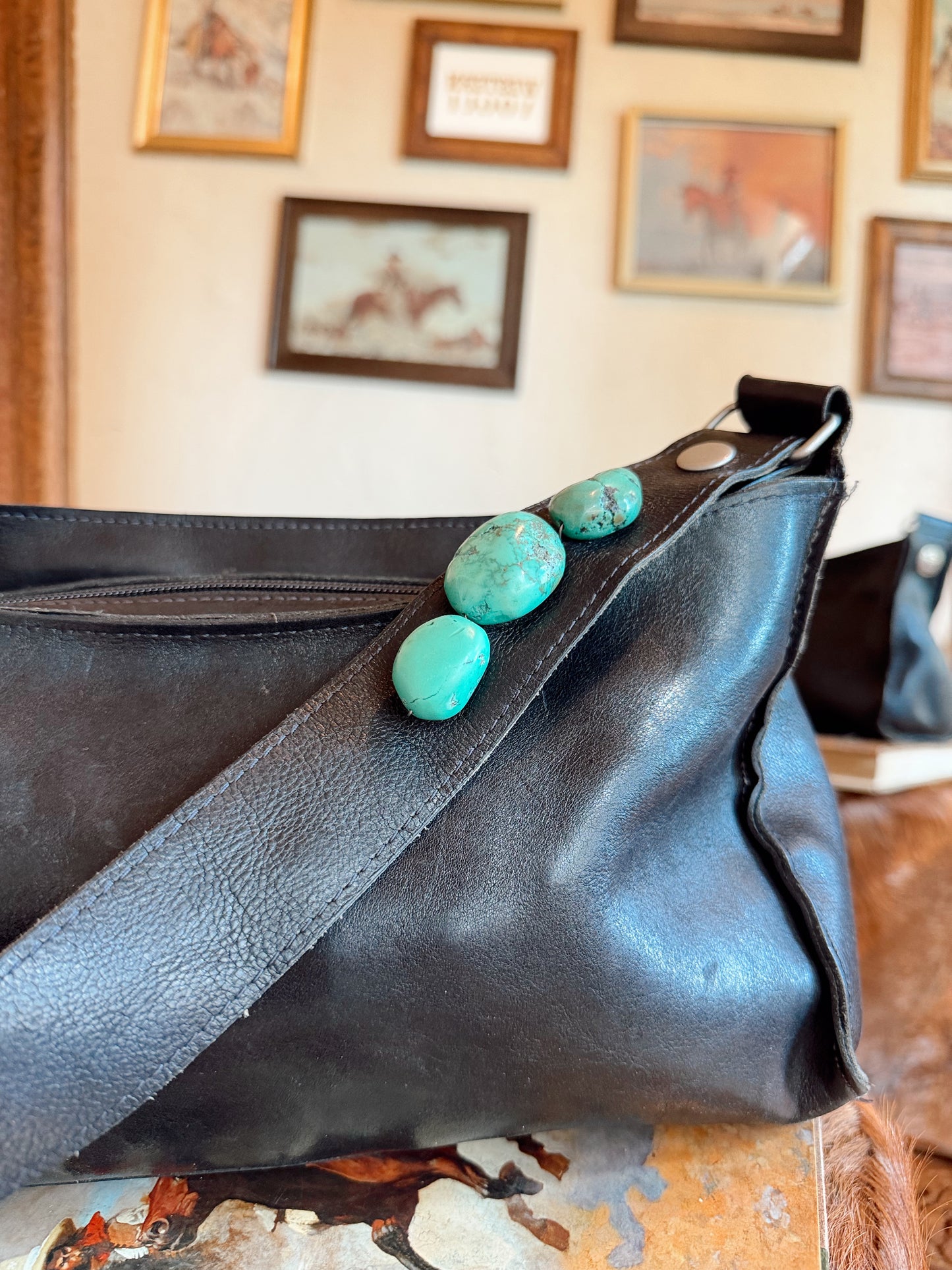 The Black with Turquoise Stones Two Bar West Purse