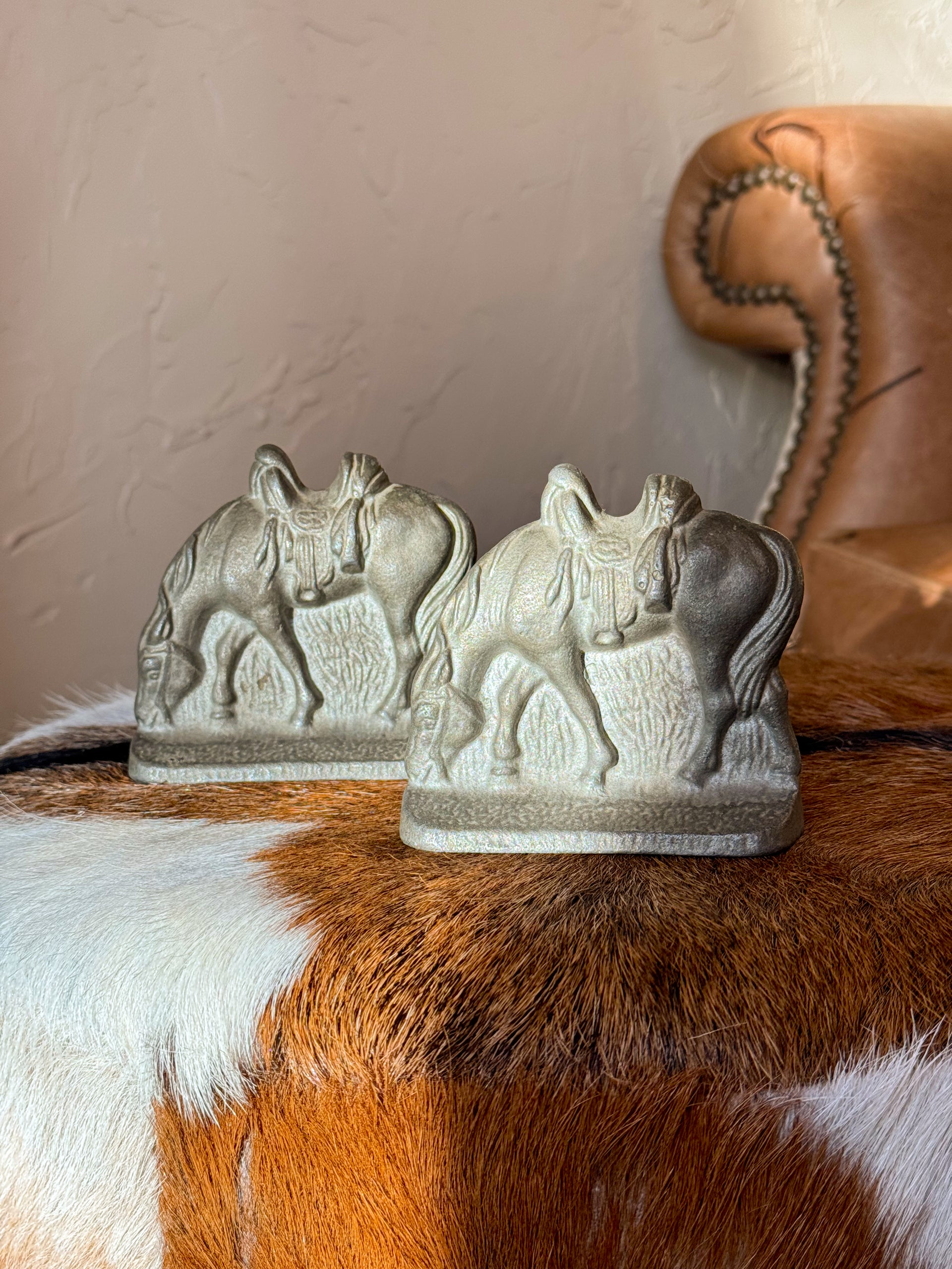 Vintage Cast Metal Grazing Cowboy HorseBookends