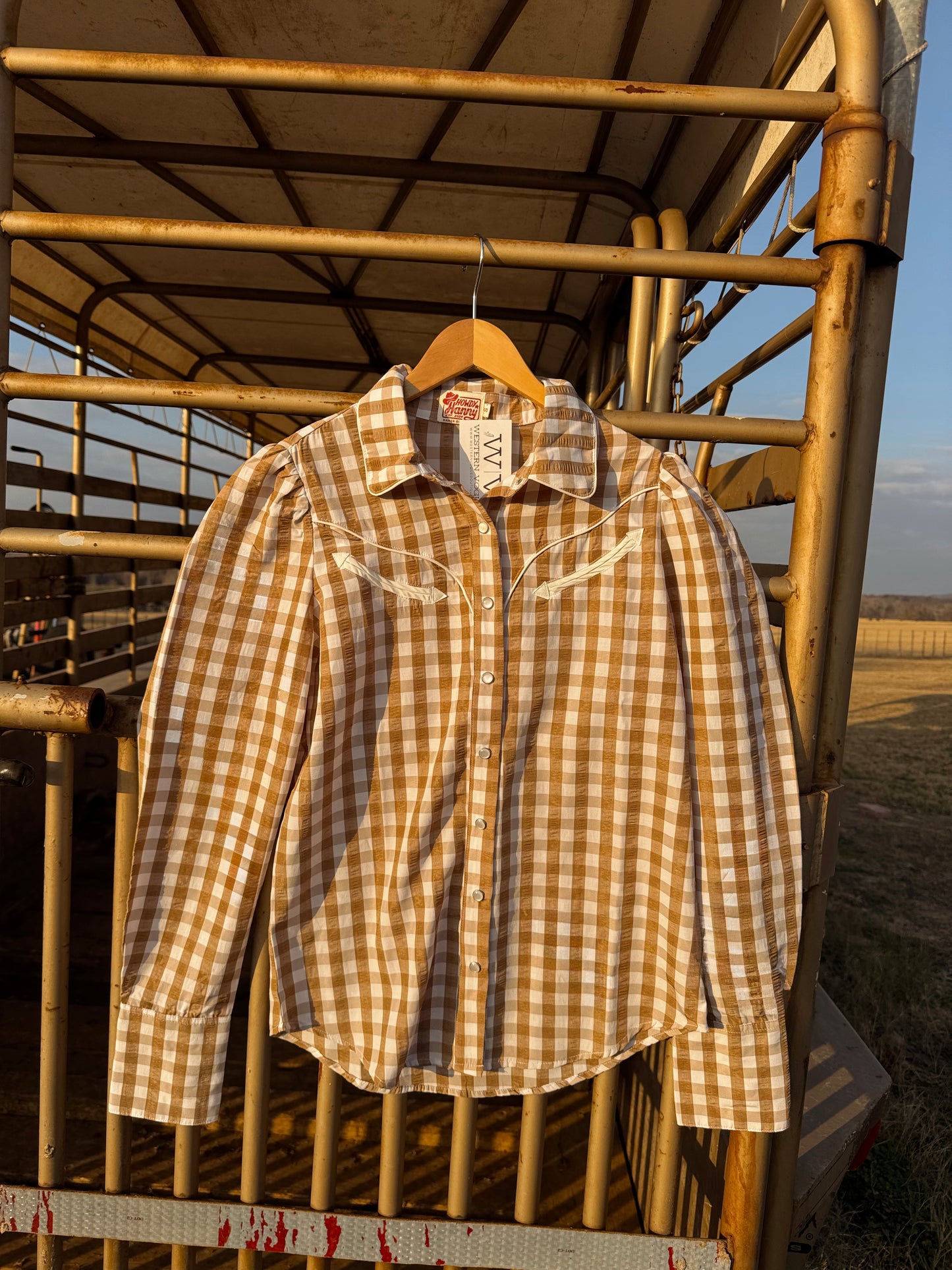 The Tan Gingham Pearl Snap Top