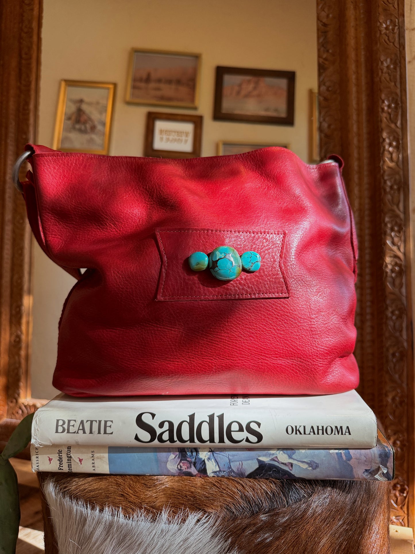 The Cherry Red with Turquoise Two Bar West Purse