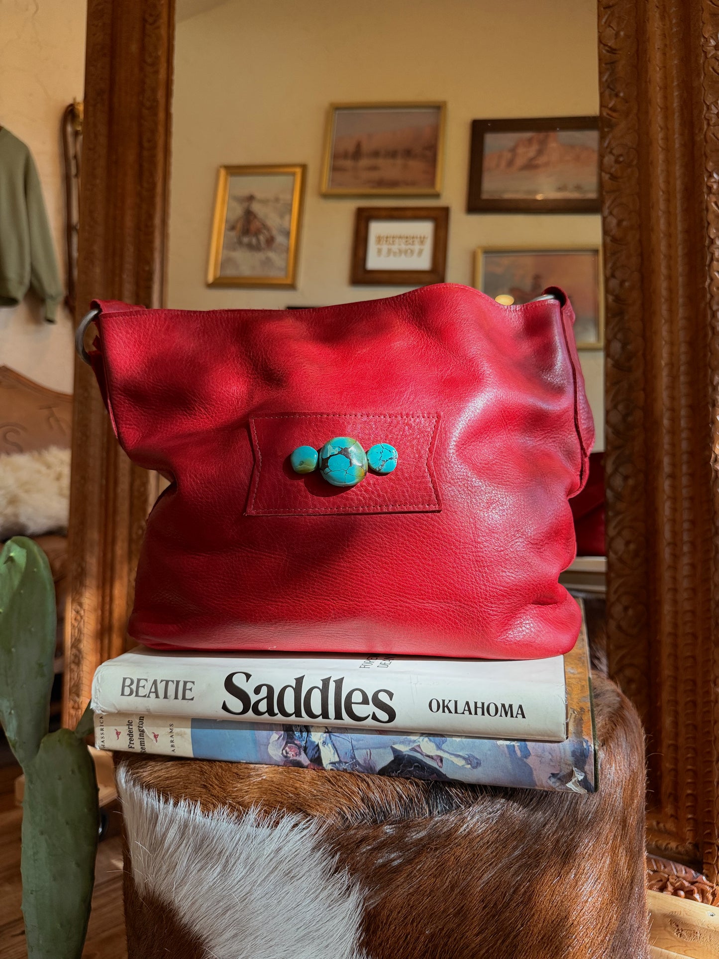 The Cherry Red with Turquoise Two Bar West Purse