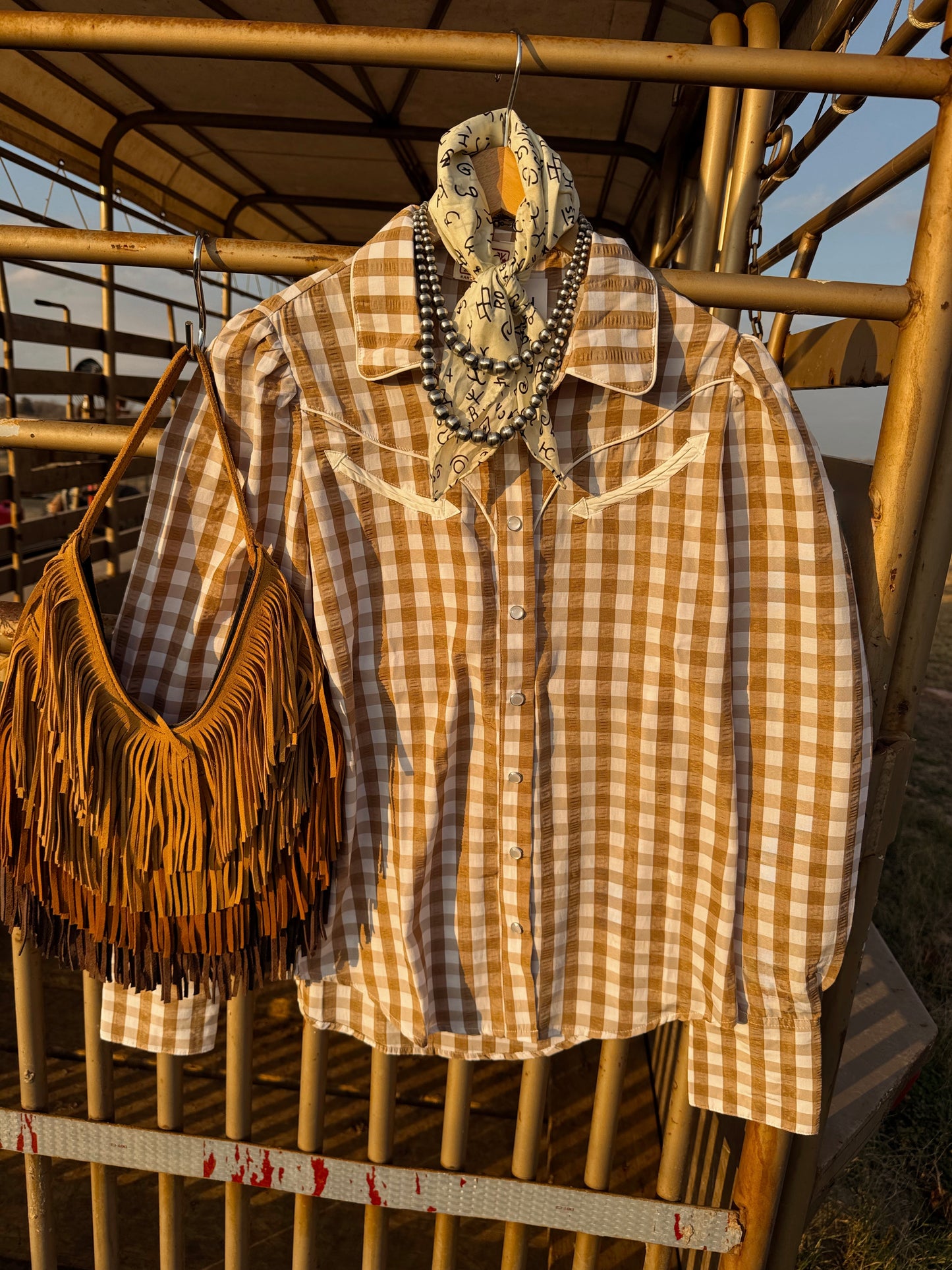 The Tan Gingham Pearl Snap Top