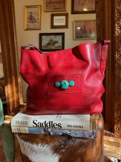 The Cherry Red with Turquoise Two Bar West Purse