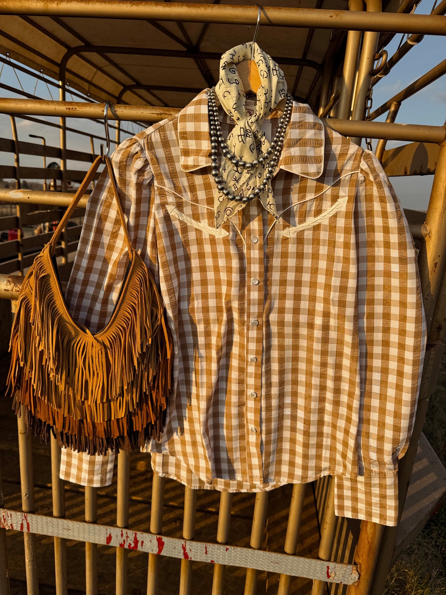 The Tan Gingham Pearl Snap Top