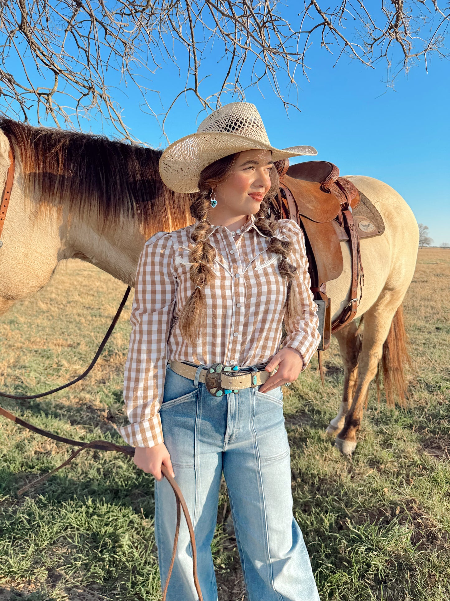 The Tan Gingham Pearl Snap Top-BEST SELLER
