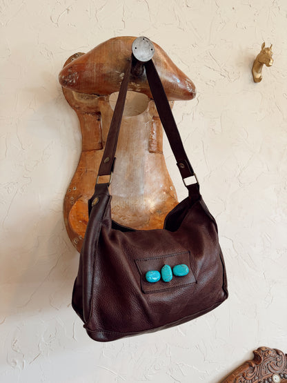 The Chocolate Brown with Turquoise Stones Two Bar West Bag