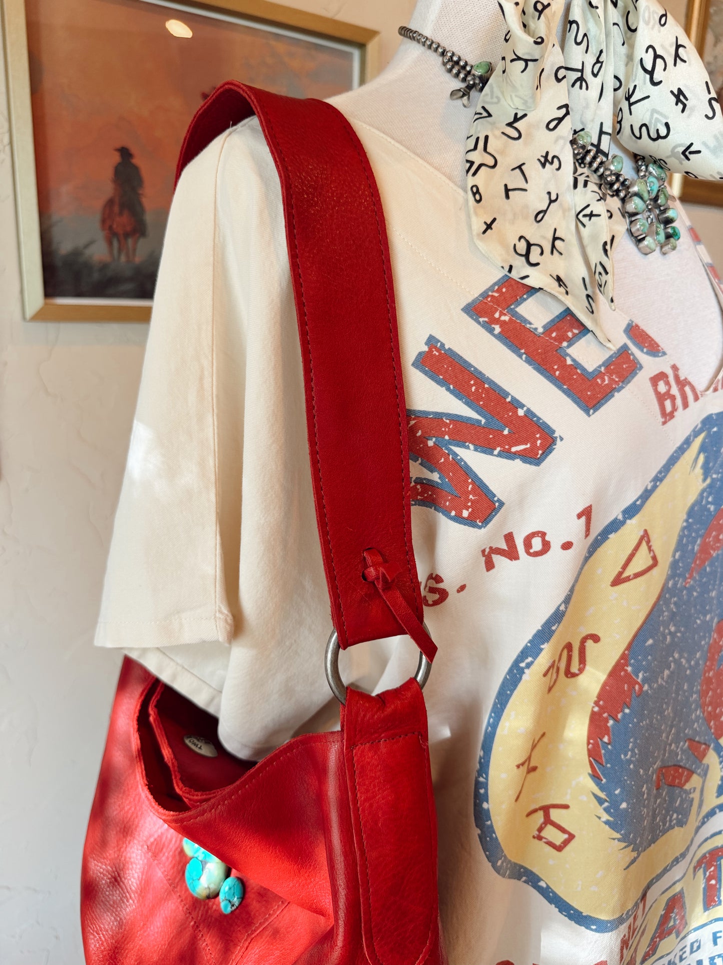 The Cherry Red with Turquoise Two Bar West Purse