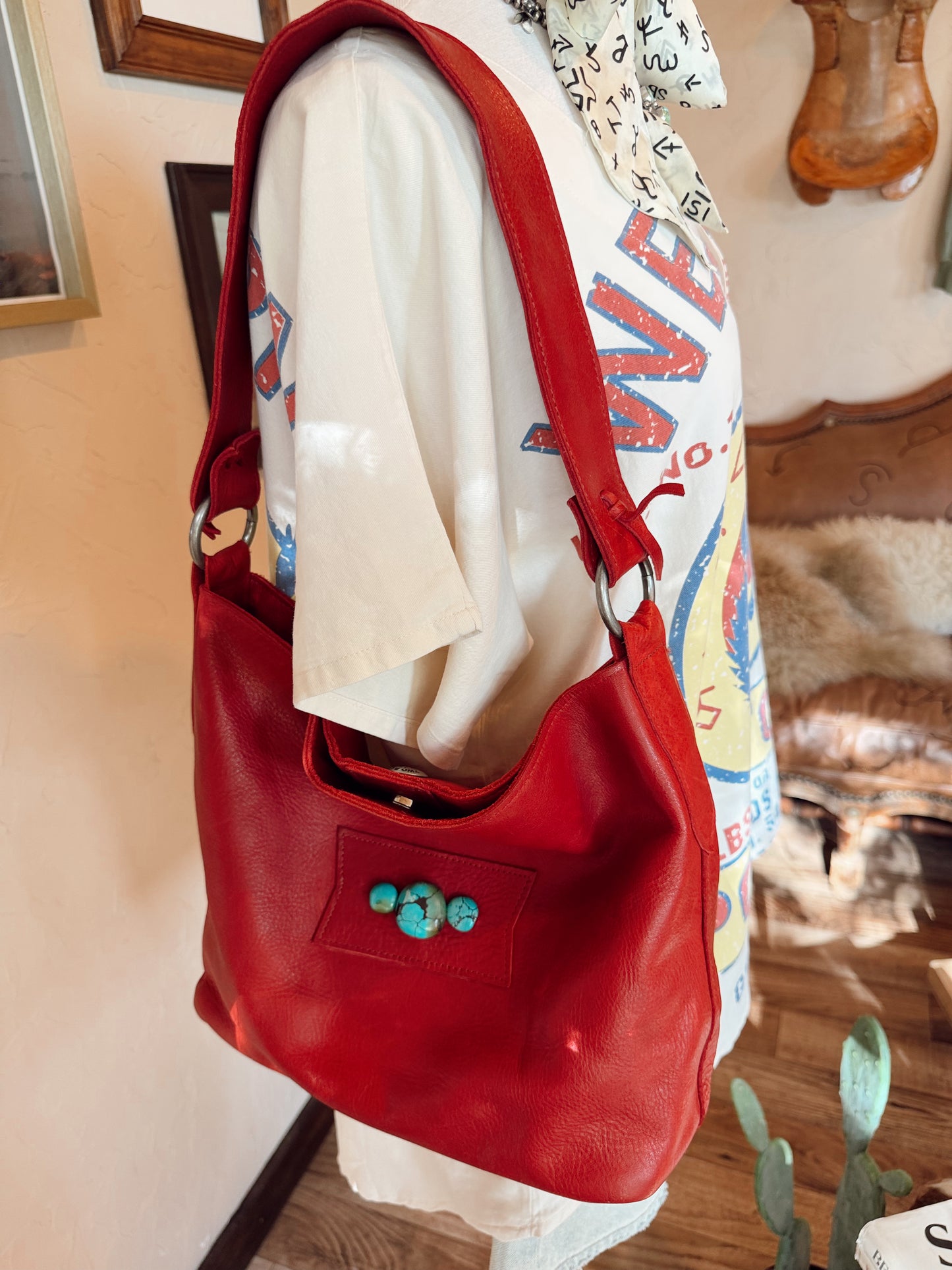 The Cherry Red with Turquoise Two Bar West Purse