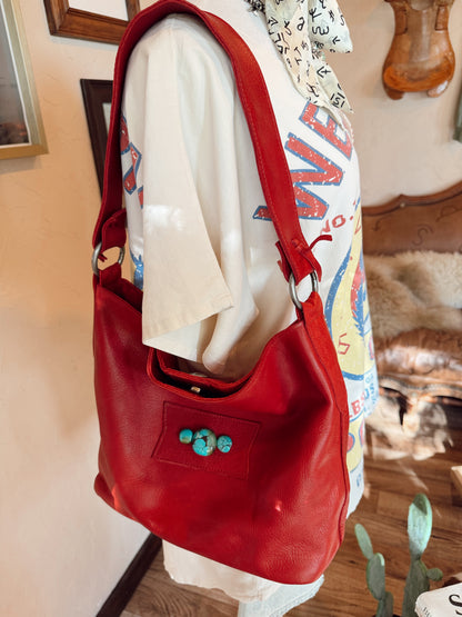 The Cherry Red with Turquoise Two Bar West Purse