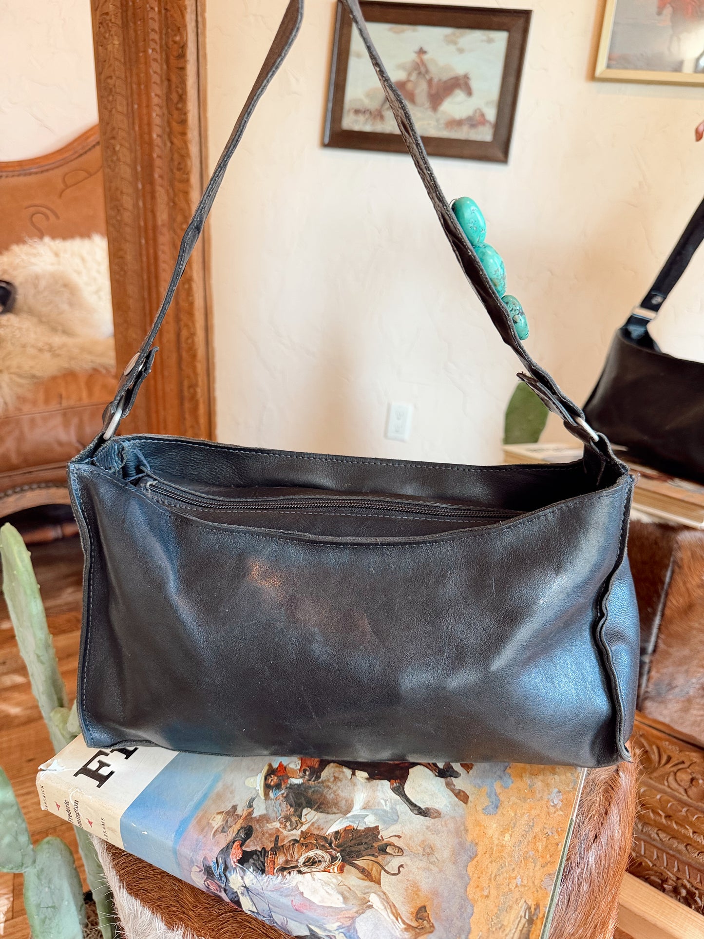 The Black with Turquoise Stones Two Bar West Purse