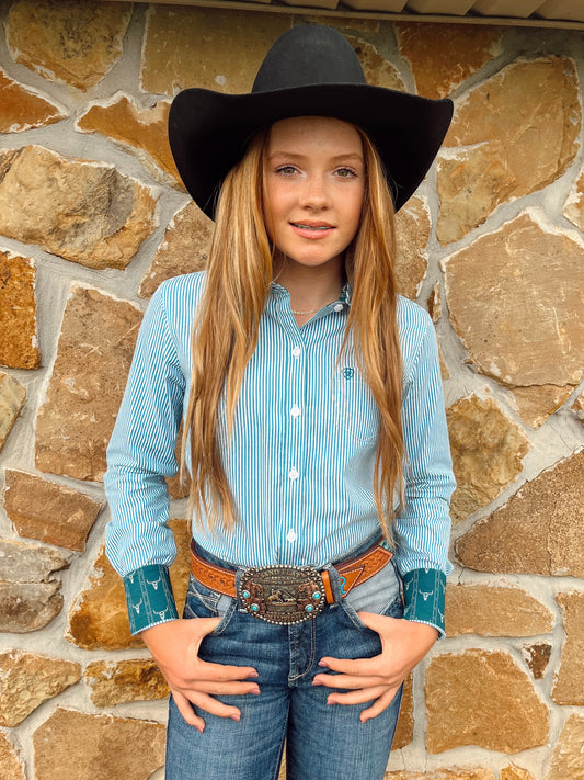The Ariat Crystal Teal Stripe Kirby Shirt