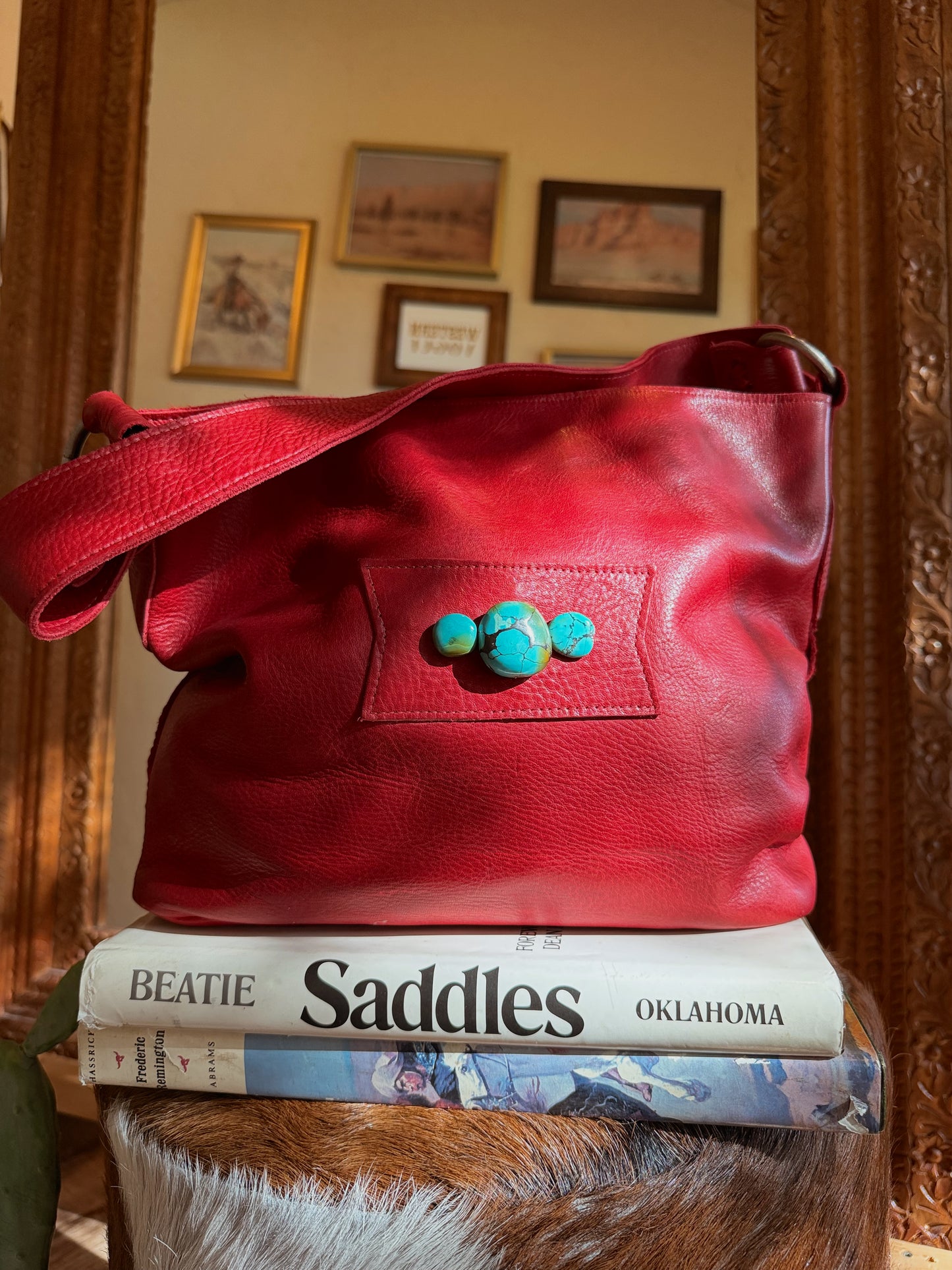 The Cherry Red with Turquoise Two Bar West Purse