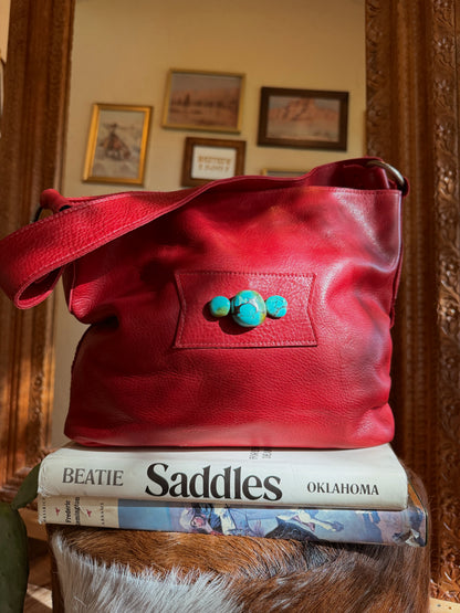 The Cherry Red with Turquoise Two Bar West Purse