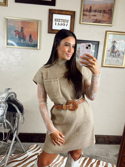 The Swisher Sweater Dress in Tan