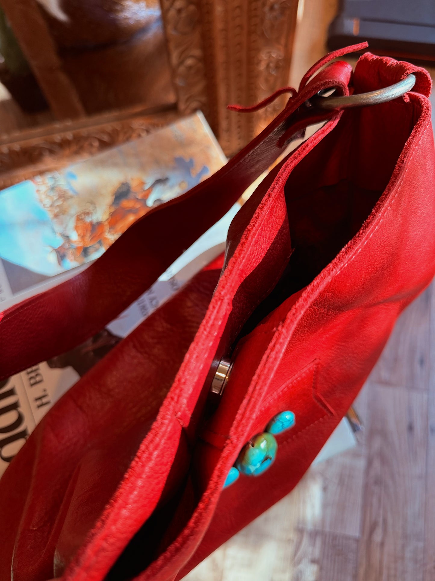 The Cherry Red with Turquoise Two Bar West Purse