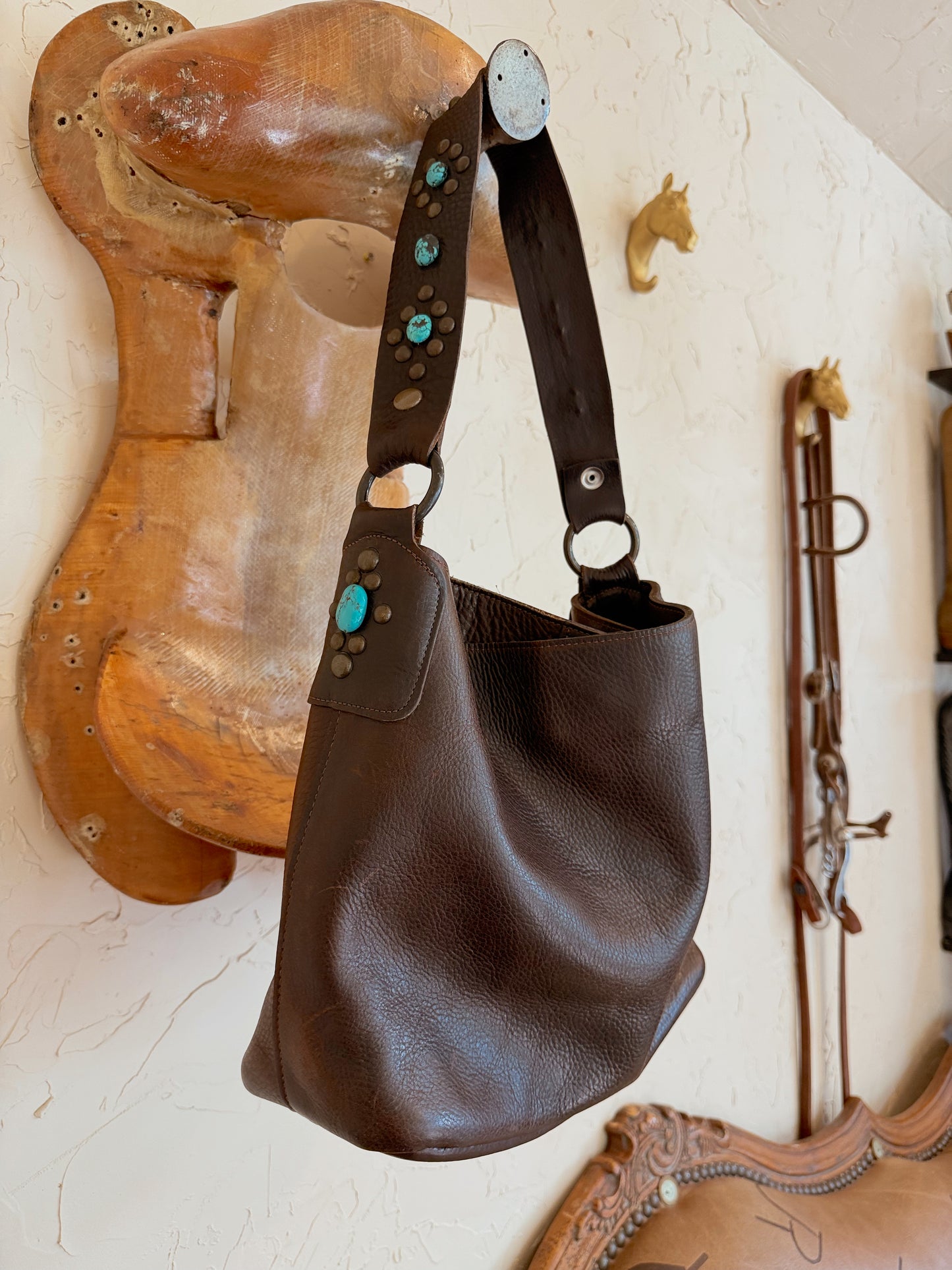 The Chocolate Brown with Turquoise Stones Two Bar West Bag