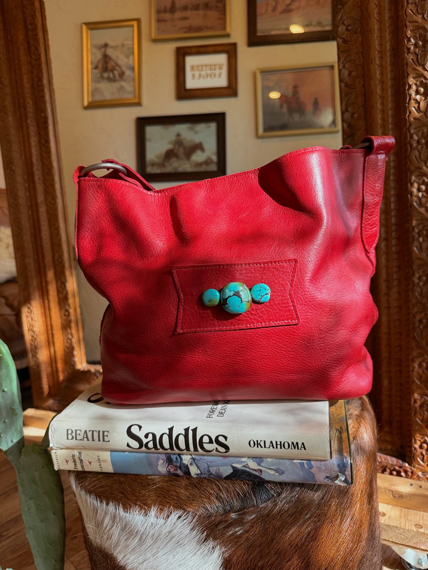 The Cherry Red with Turquoise Two Bar West Purse