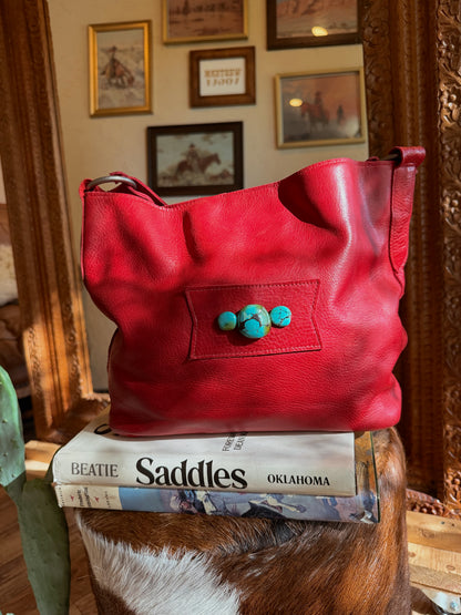 The Cherry Red with Turquoise Two Bar West Purse