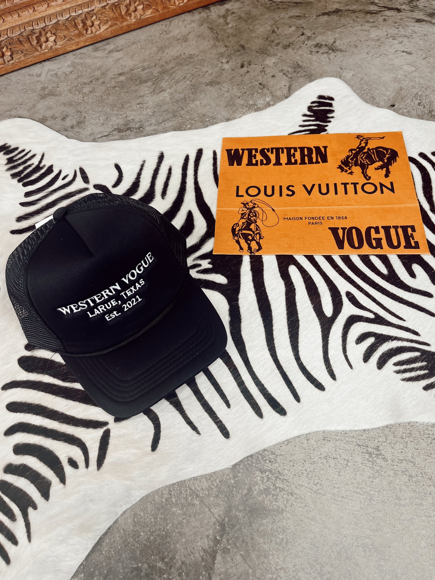 The EST. 2021 Western Vogue Trucker Hat in Black