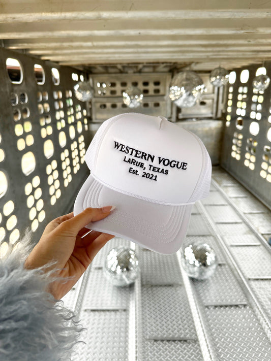 The EST. 2021 Western Vogue Trucker Hat in White