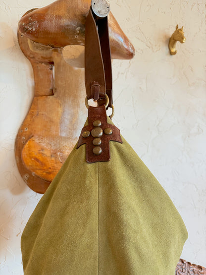 The Sage Green with Cross Studs Two Bar West Hobo Bag