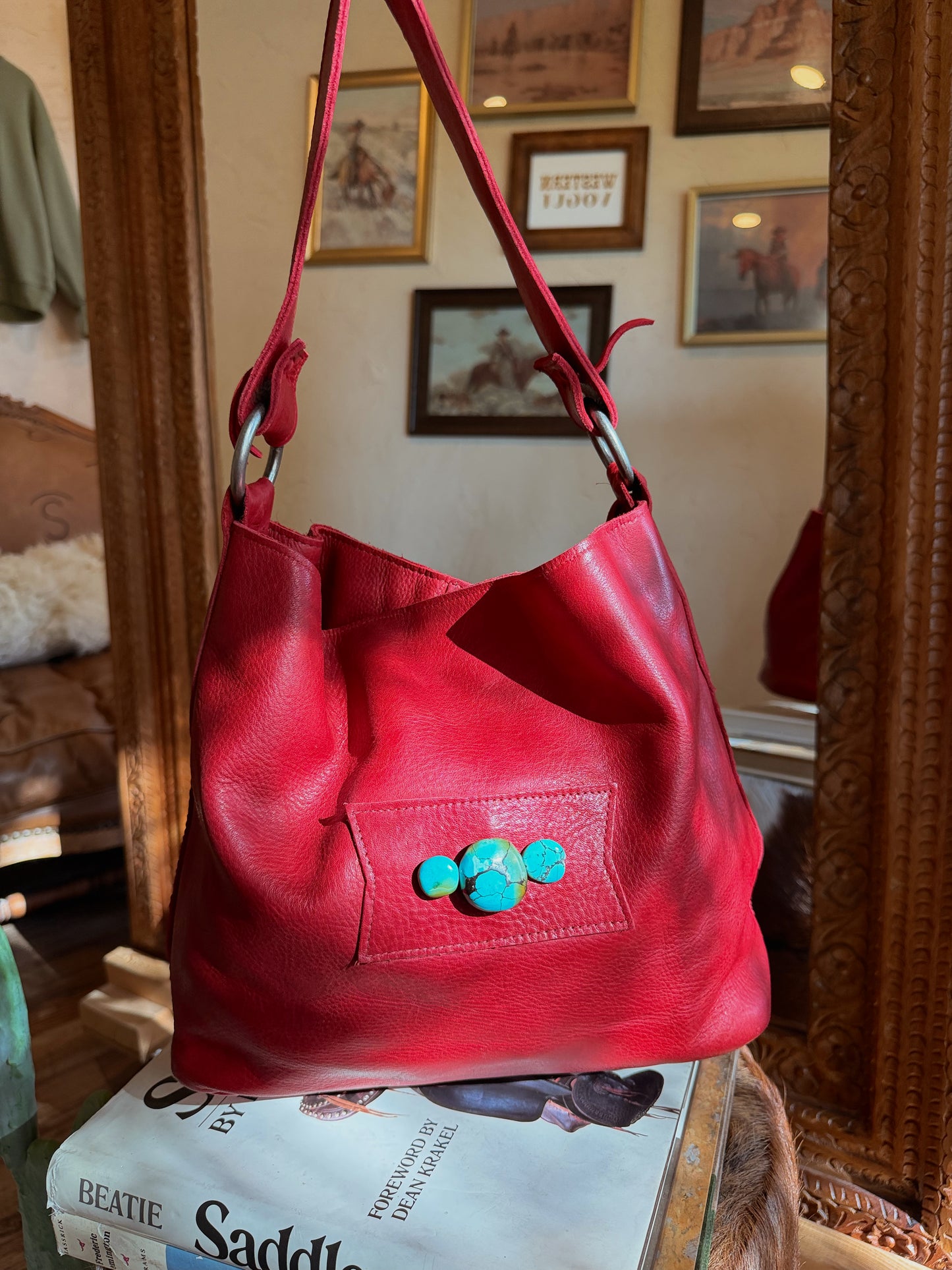 The Cherry Red with Turquoise Two Bar West Purse