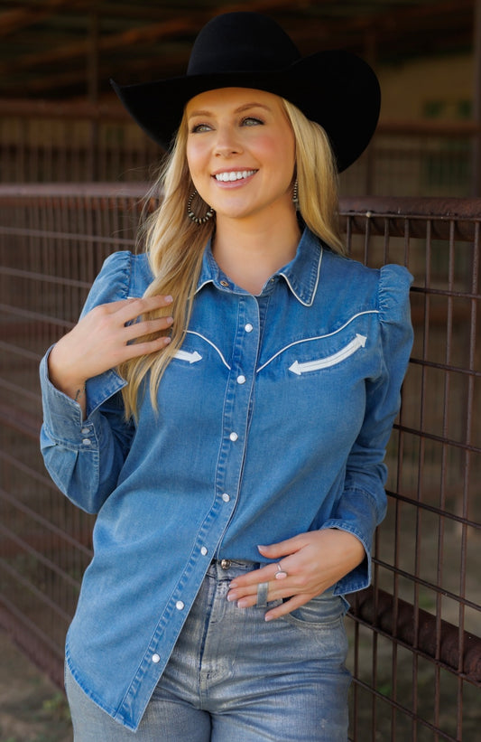 The Long Sleeve Denim Arrow Top