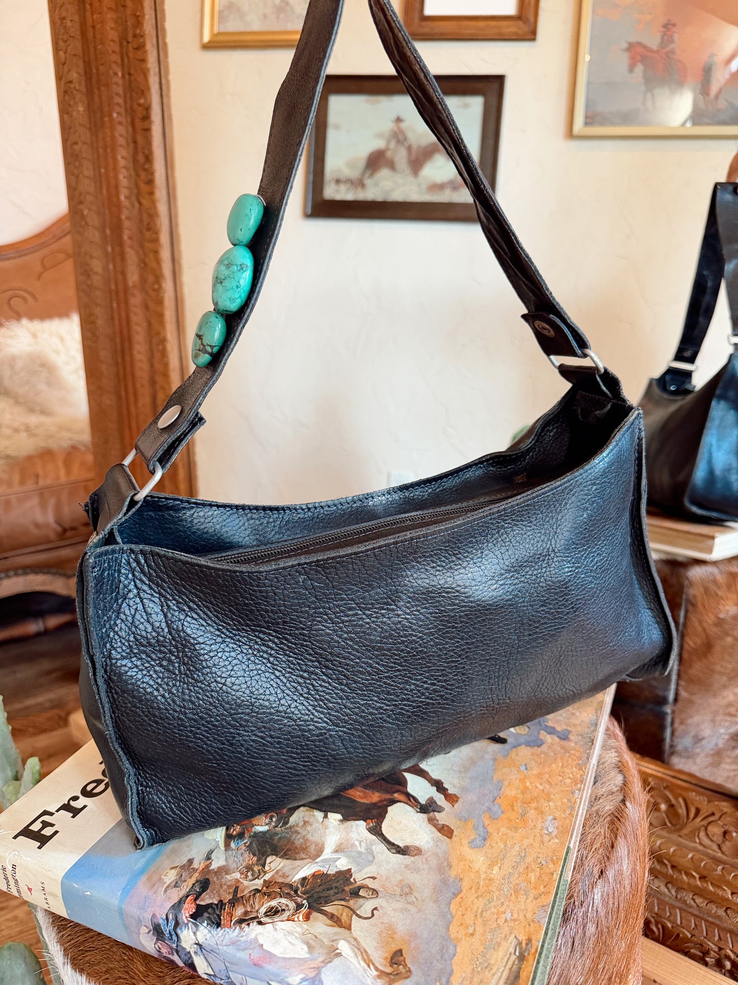The Black with Turquoise Stones Two Bar West Purse