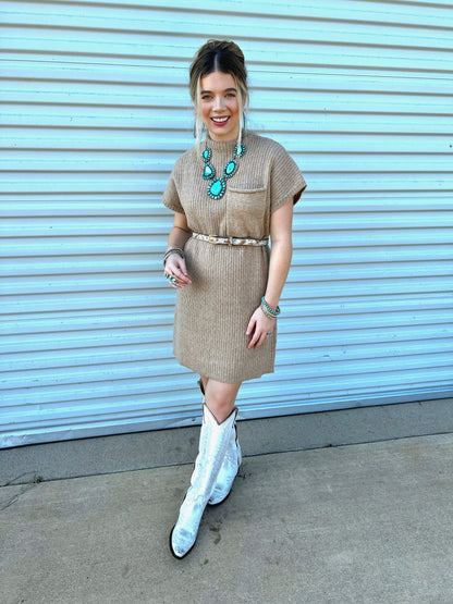 The Swisher Sweater Dress in Tan