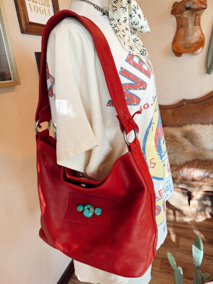 The Cherry Red with Turquoise Two Bar West Purse