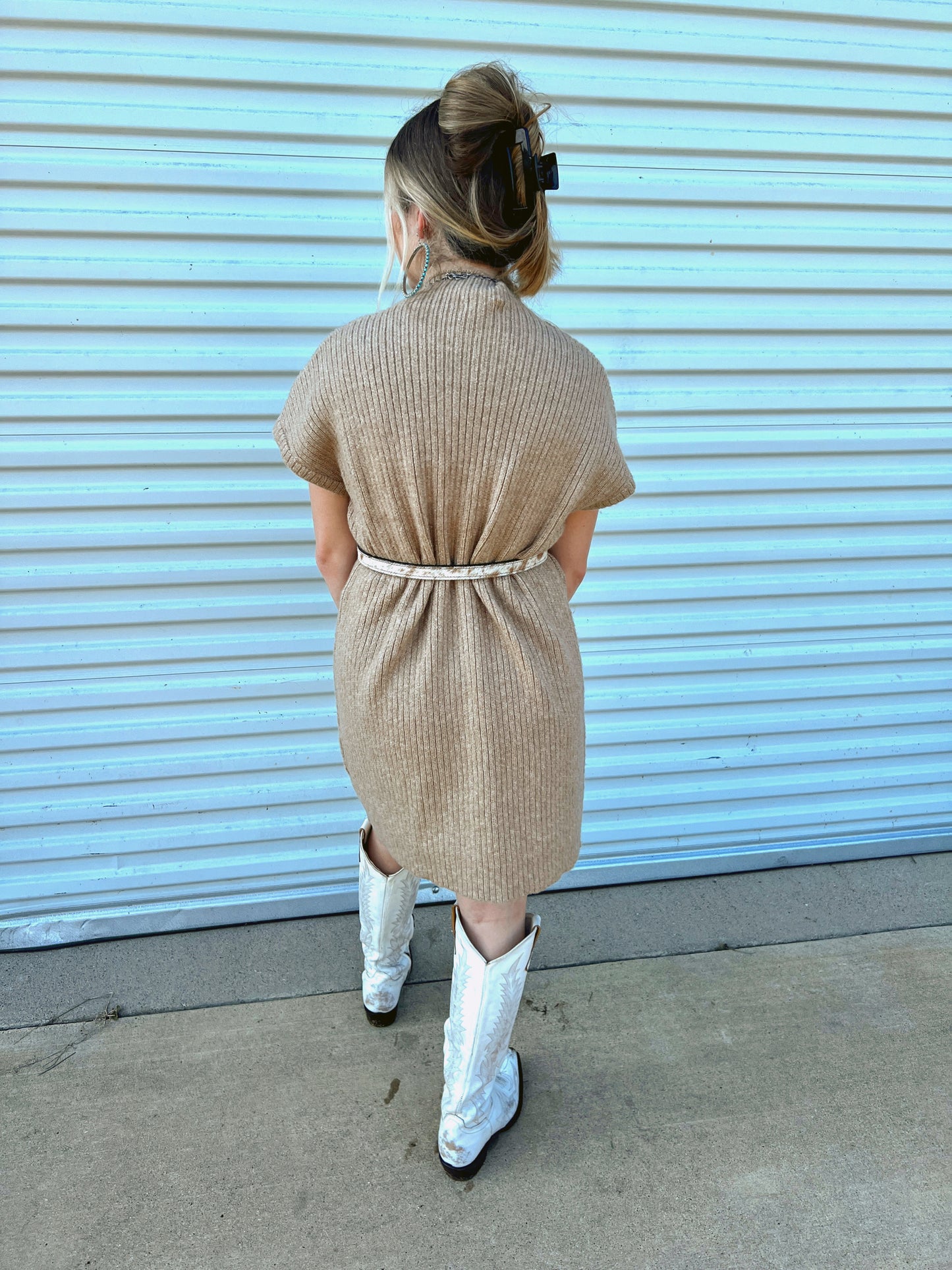 The Swisher Sweater Dress in Tan