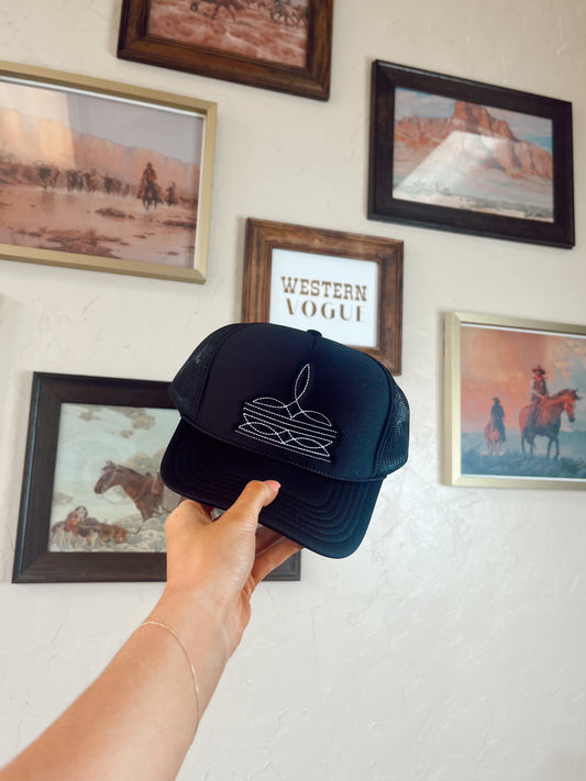 The Boot Stitch Trucker Hat in Black
