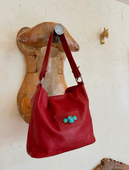 The Cherry Red with Turquoise Two Bar West Purse