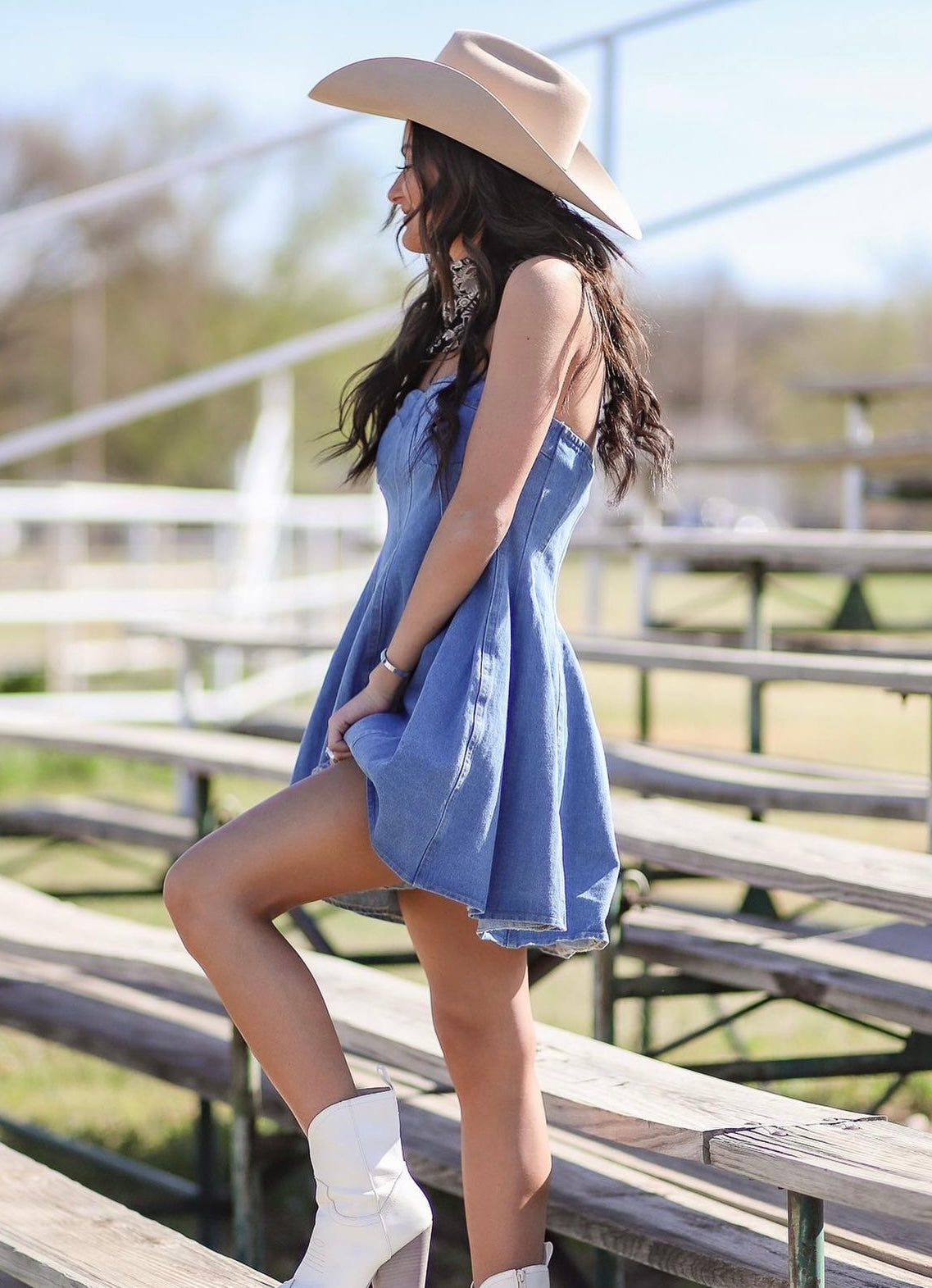 blue jean dress with cowboy boots